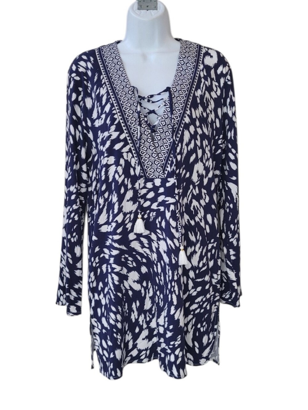 LA BLANCA Blue White Tides V Neck Lace Up Tassel Tunic Swim Cover Up Size US S